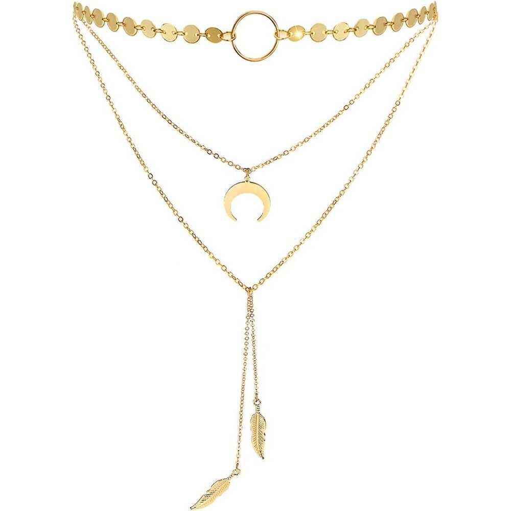 Stylish Layered Sequins Choker Necklace with Thin Long Chian Pendant for Women L